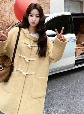 奶黄色牛角扣子双面呢羊毛大衣女冬2秋02柔5新款小个D113-C99温甜