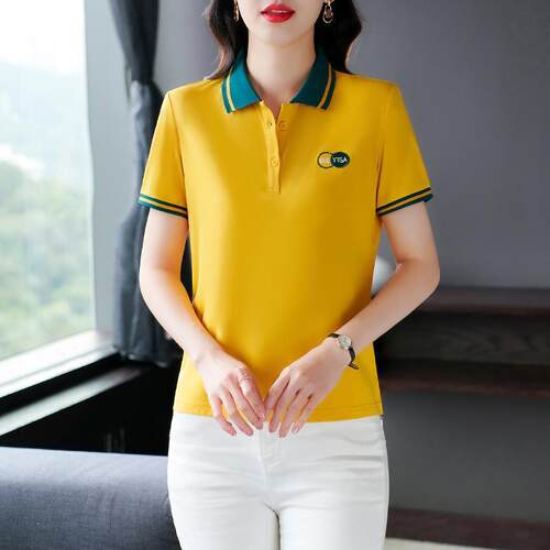纯棉印花恤女袖宽新款带领款短松上夏衣翻77489595领女式休闲衫