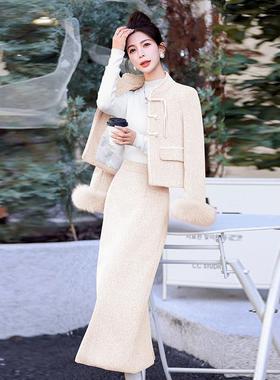 时尚装袖口狐狸两毛款外套冬季新套羽绒毛呢半身裙件套裙 LMLM882