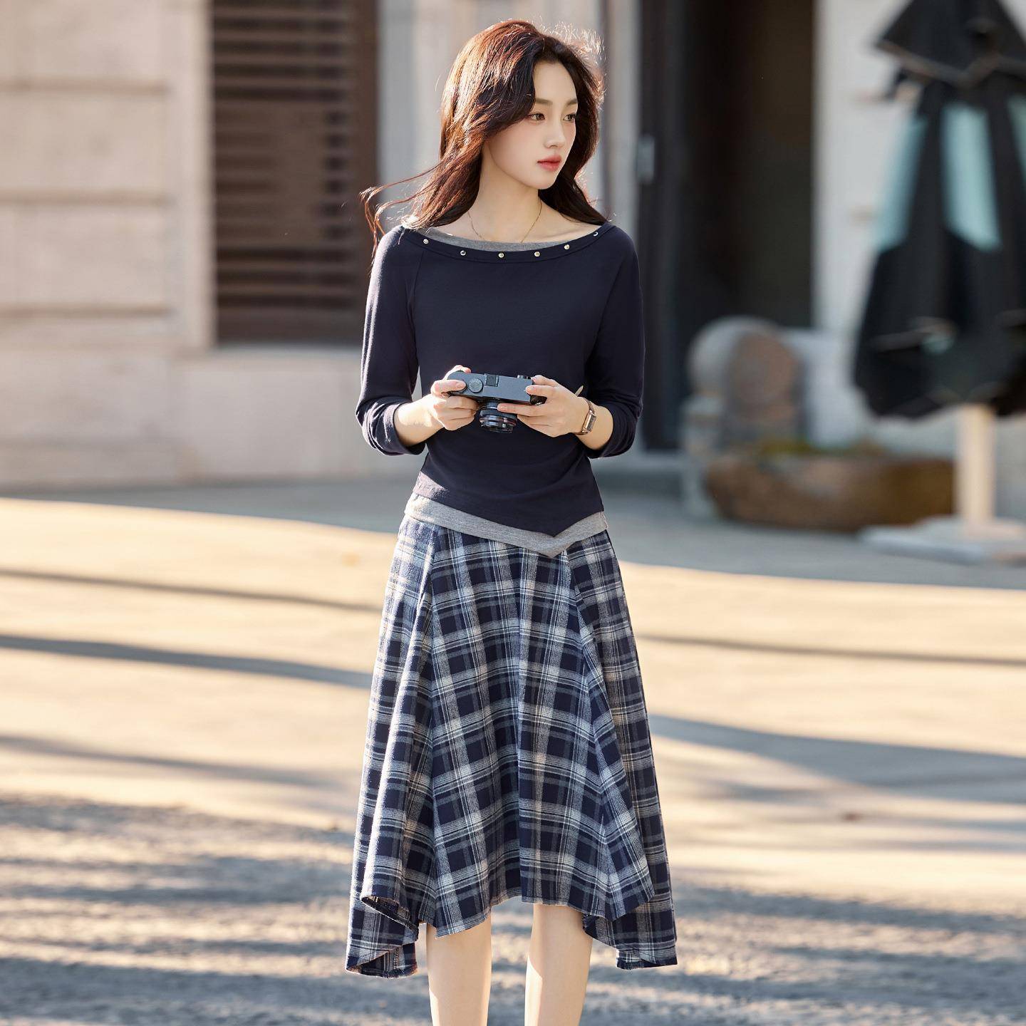 2025秋LT2672-0格季设计感假两件斜肩上衣规则半身裙两件套裙子 L