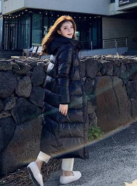 正白绒2024冬品新款黑色羽绒棉服中长款女过47-20609膝加厚亮衣宽