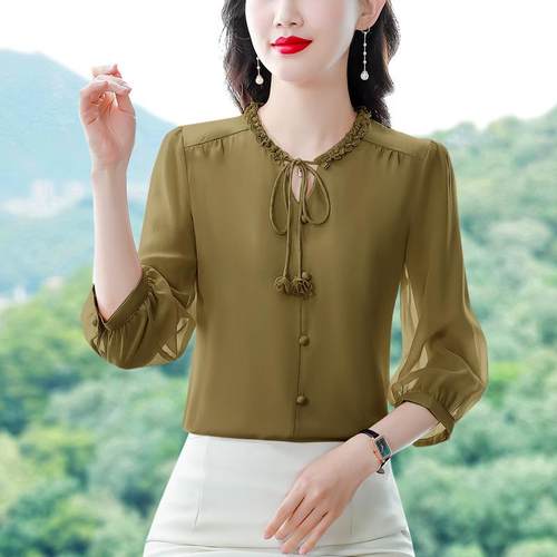 春秋装新款领七分袖小耳木边众时尚复古显上衣真丝QRE衬衫瘦女