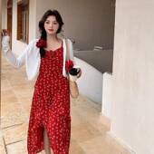 2025新款 碎花裙红色不规则长吊XZ136 03裙带裙百搭外套两套连衣裙