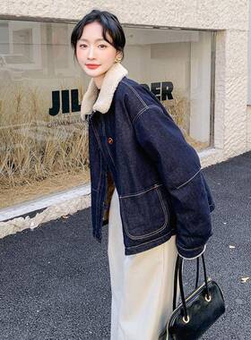 深蓝色复古休闲风牛仔羽绒服女25冬新款羔毛拼0C098-863接翻领保