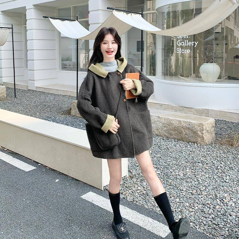 碳灰色双面呢羊C186-861毛大衣女2250冬季新款海军款领中学院风长
