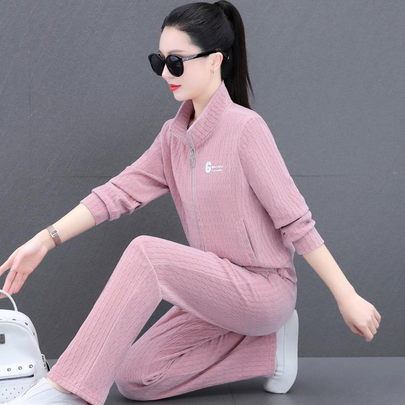 套装春新款时尚气金丝坑条82027461女质绒卫衣宽松秋休闲两件套