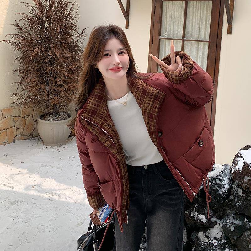 韩系安哥红格纹拉面穿双ZZB177 3羽绒服女024冬2季新款时尚白鸭绒