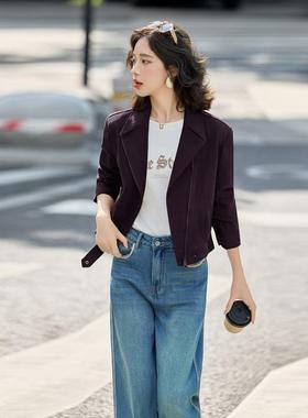 计感鹿绒皮外套设女202ZGUO80915秋新款感机车小个子短款复服古夹