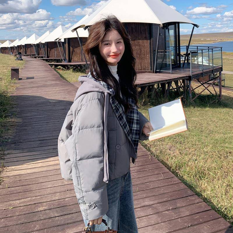 格子拼2B237-61h接绒服女225冬季新款小个子羽短款韩0系cic氛围感