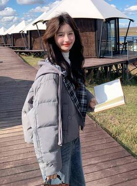 格子拼2B237-61h接绒服女225冬季新款小个子羽短款韩0系cic氛围感