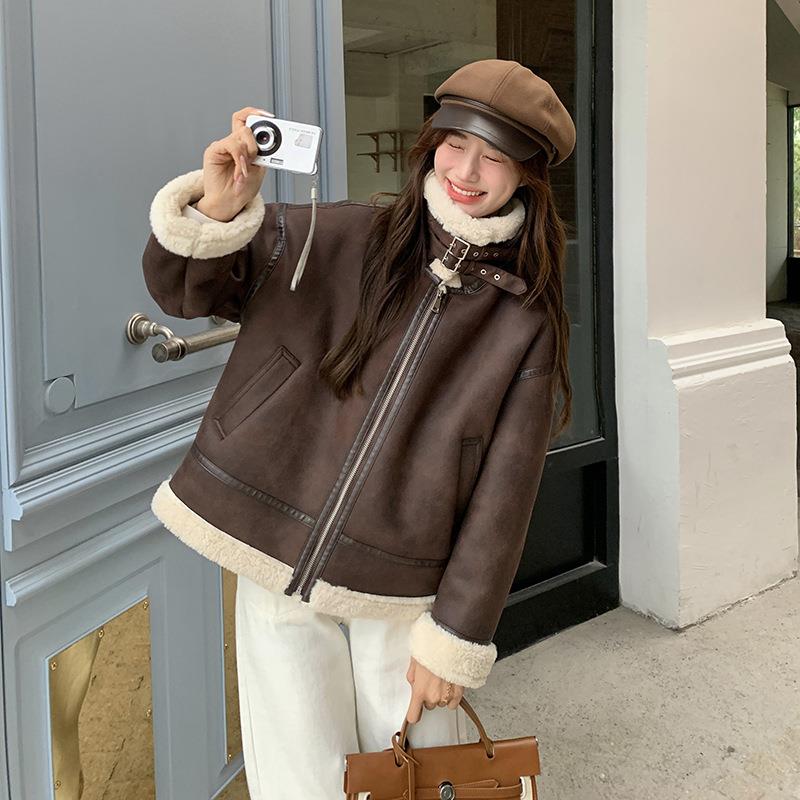 美复式古咖女色仿皮毛一体羊羔毛2B222-86外套2025新韩版加厚机车