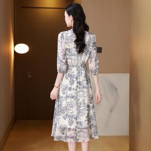 夏高季新女款A25058-0级感领印长裙真丝桑蚕花丝时尚连衣裙