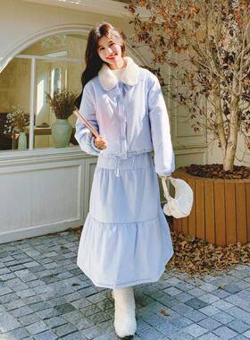 蓝色减女龄超好看夹棉套装裙冬2025新款娃娃领棉衣季半身C021-312