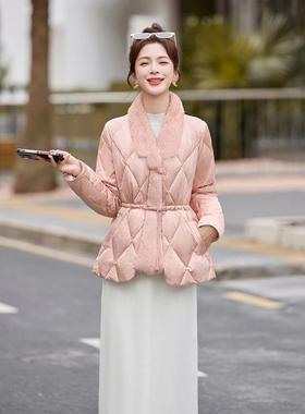 女式羽绒服202款冬季新女新中式毛毛拼接白5绒鸭收腰HE99858-外套