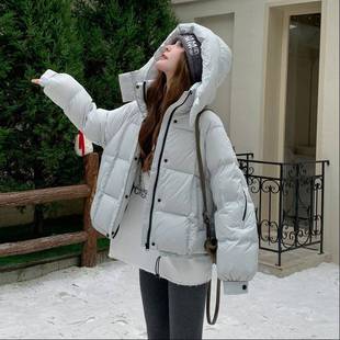 浅色短款连帽羽绒服女2B114-21冬季2025新款小个系子韩好看超爆蓝