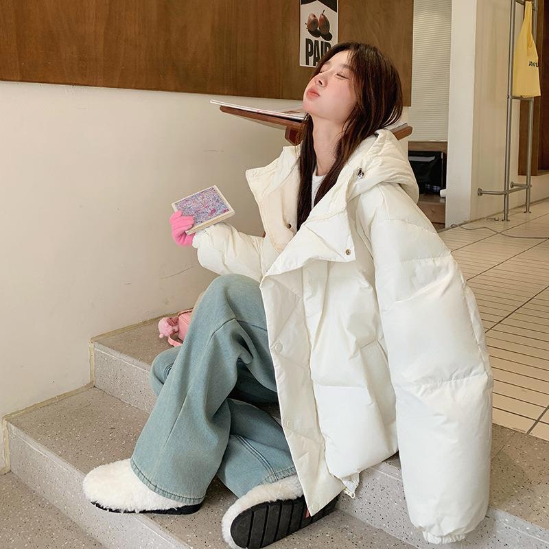 韩系白色连绒羽绒服女202帽5冬2B188-58感季设计宽松保暖90白鸭花