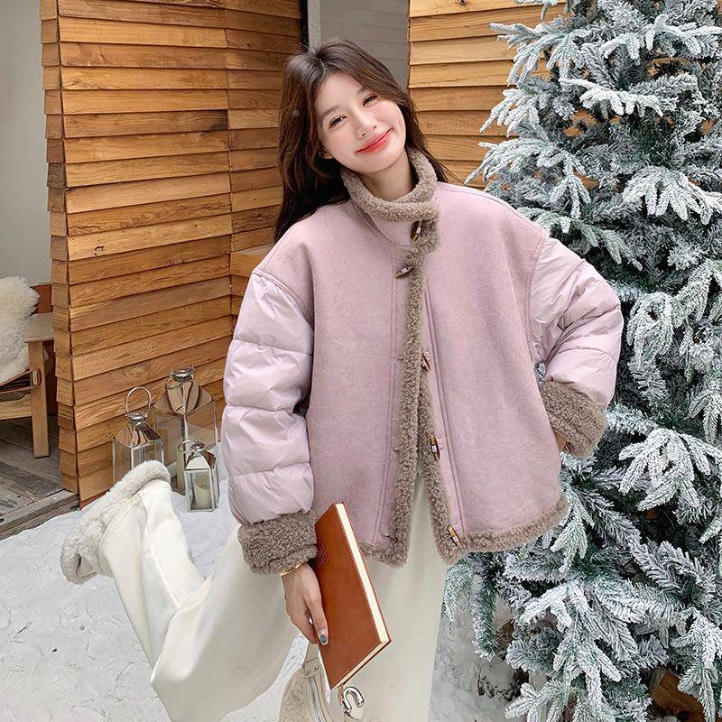 羊羔毛拼2接羽个绒服女25冬季新款小子短款设计感超0D034-691好看