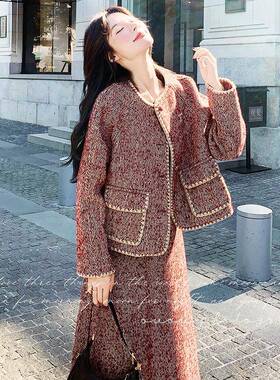 感高级红色毛风呢小香装裙女2025秋冬C021-301气质羊毛外套半身裙