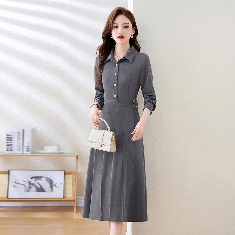 2装2SW18604秋季新款女收腰时尚0韩版长袖女显瘦气质翻领连衣裙SW