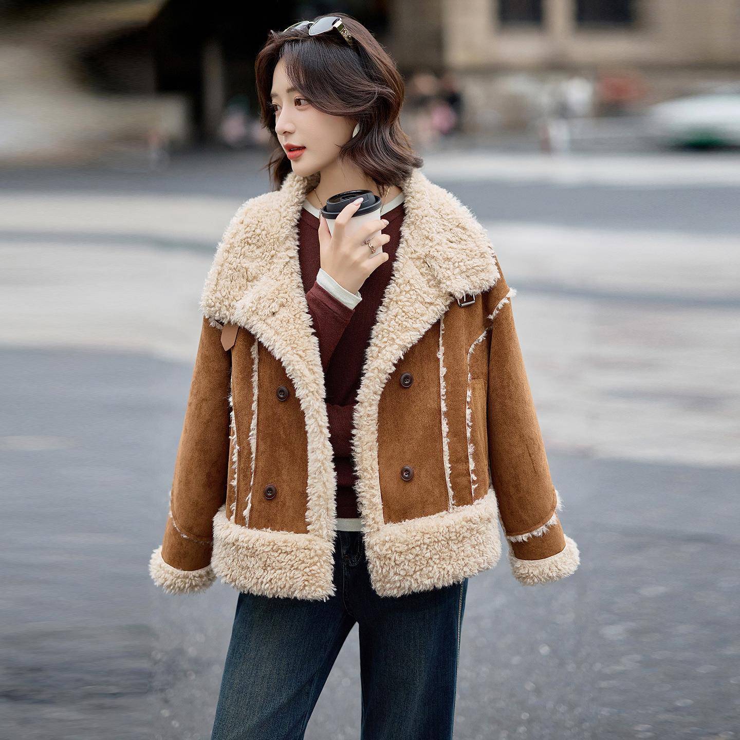 皮毛一体款外套女5新款小个子202冬季羊羔毛短加厚车上衣MM2机6MM