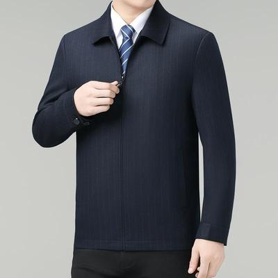 秋季新MKA款夹羊毛休克男中年商务闲条纹茄翻领爸克爸装毛料男装