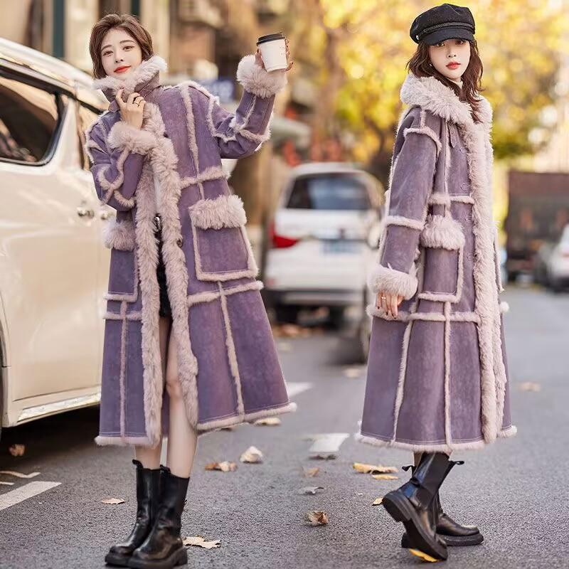服2336紫色皮体毛一外套女中长大款冬羊季加厚加绒减龄气质羔毛衣