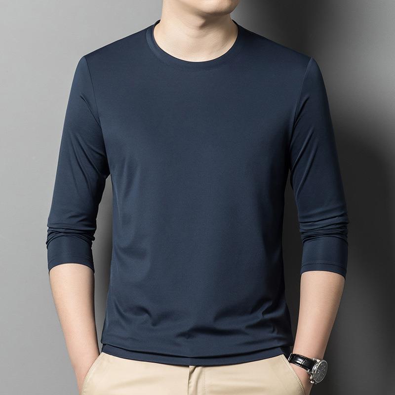 秋季新款桑蚕圆长袖恤青年男士纯色时尚休闲领打底中9-KK体丝恤