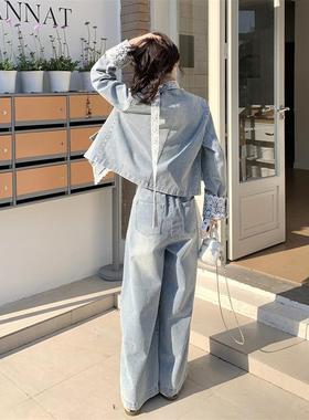 蓝色高级感牛仔套装女5202春季新酷盐系短外套阔ZQIAN250腿裤两件