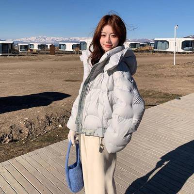 牛仔C135-893拼接蓝灰色连帽羽绒服女2502款好看新小个子冬季加厚