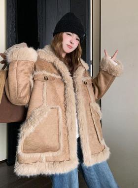 卡其色羊羔毛绒外套女拼冬季c183-500202新5款复古高级感毛接加厚