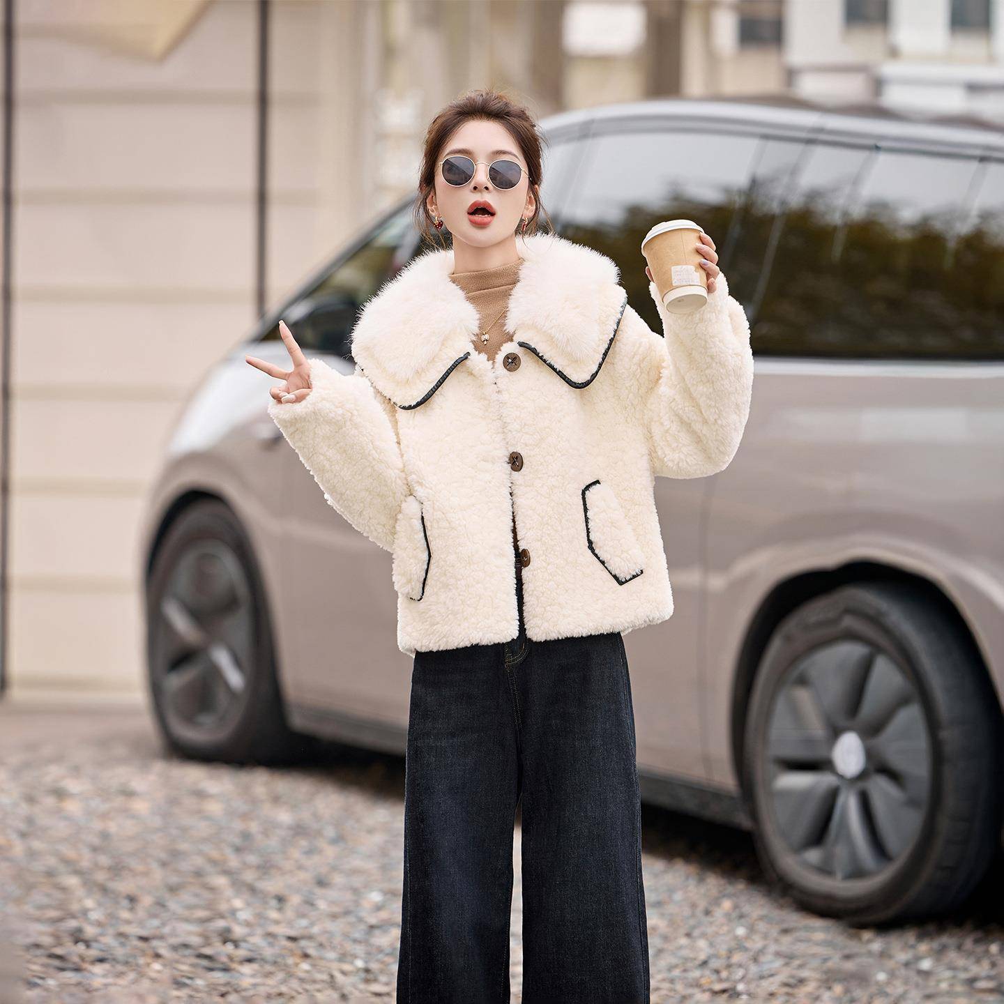 225秋冬新HE5522-1款女装高级感时尚简约0百搭保暖季毛毛大衣外套