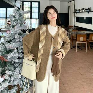 格子两毛呢外套女冬季穿新小款C153-702个子洋气韩系超好看面披肩