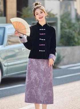 202衣5春SH035-02装新品爆两款质新中式丝绒盘扣上压气花半裙件套