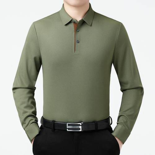 秋季新款AMD男装恤中年爸爸商休闲上纯衣色长袖羊打绒务厎恤衫