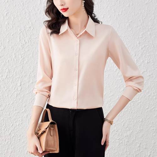 级感免烫抗皱缎面白搭衬衫女纯色EMO真丝衬衣秋设春计感高气质百