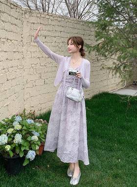 紫色温柔风针织开衫连衣女ZZB191 B中长款2025秋季新款法两式吊带