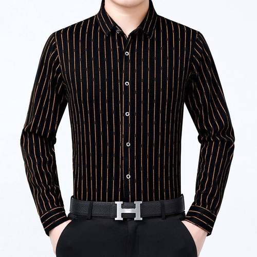 新款2开023春秋商休务1229-LL衫闲中年男式衬免烫衫长袖条纹男士