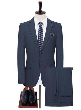 高级新JQT款西服纹男士侧轻商务休闲宴郎会套装韩版蓝色条开叉新