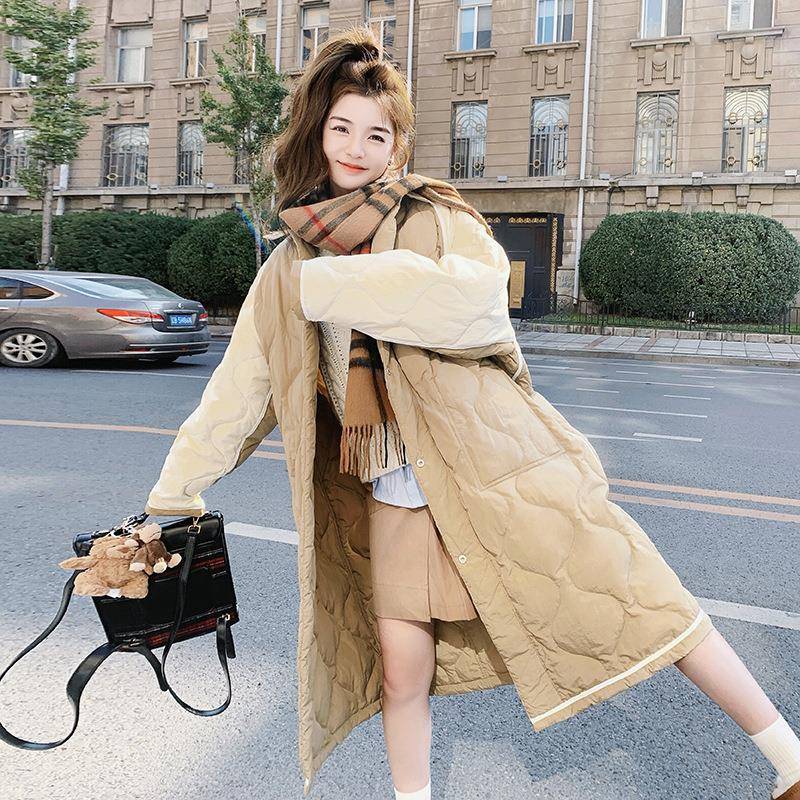 卡其色22D116-726两面穿羽绒服冬季女鸭05新款菱格宽松中长款90白