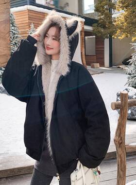 高级众黑色连帽好羽绒棉服女冬202B263-S205超小火外看加厚保暖棉