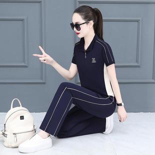 兩短袖 夏季 新運(yùn)動(dòng)套裝 女款 立領(lǐng)媽媽跑步休閑件套冰8991199絲 長(zhǎng)褲