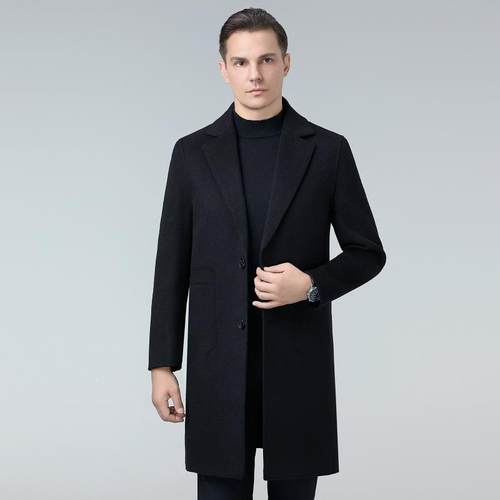 秋冬款双男式面呢羊毛大衣中NJM长纯款色单排扣毛呢子外套风衣男