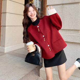 C153-667季红色香风呢短外套女秋冬20小25年款韩系超好看小个子呢
