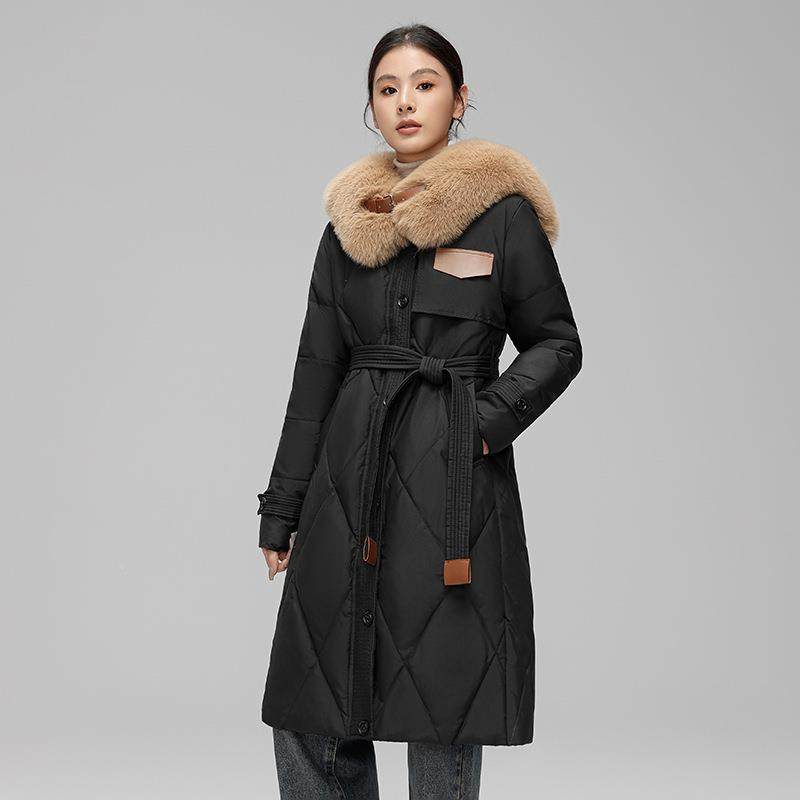 欧美贸绒服女中长款大领毛收腰修身外白鸭绒年羽OBH新款冬季外套