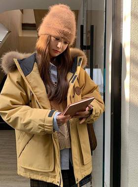 b005-601黄色绒服服女冬025羽新款设计感大毛领工装派克炸2街白鸭