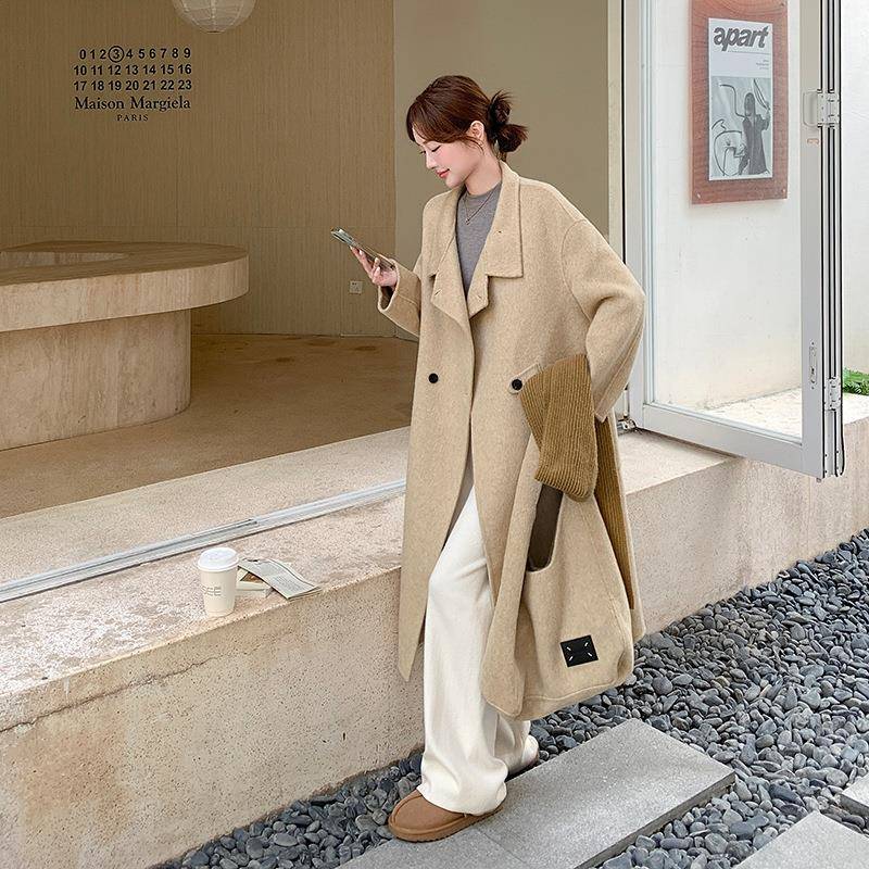 黄色立领双面羊冬绒2大衣女秋高级感205外新款气质长款收1D096-1-