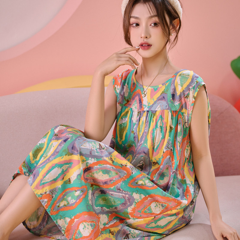 夏季睡裙夏天睡衣家居服连衣裙棉绸无袖宽松长裙韩版薄款背心裙