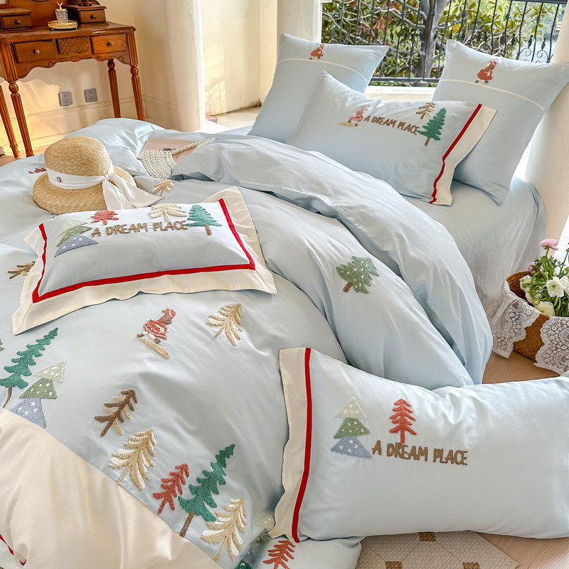 100支全棉长绒棉卡通小森林贴布绣四件套儿童纯棉被套床上用品