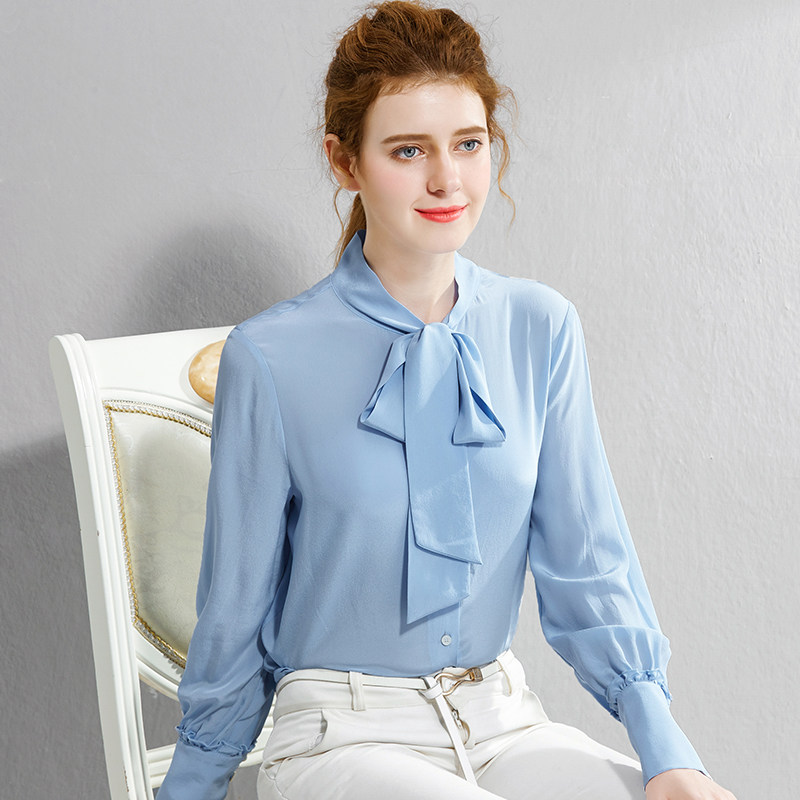 重磅真丝衬衫女长袖蝴蝶结纯白色飘带衬衣2020春装新款桑蚕丝上衣