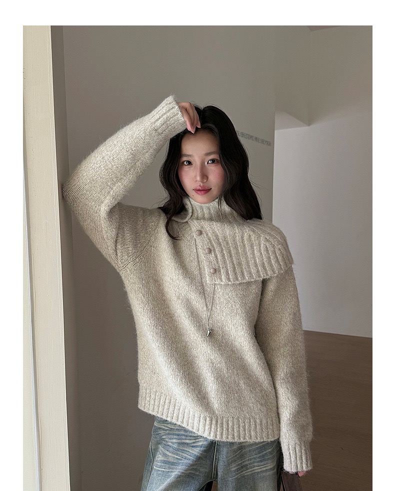 花夕薇韩系慵懒风翻领斜门襟毛衣女2025新款宽松休闲百搭针织上衣